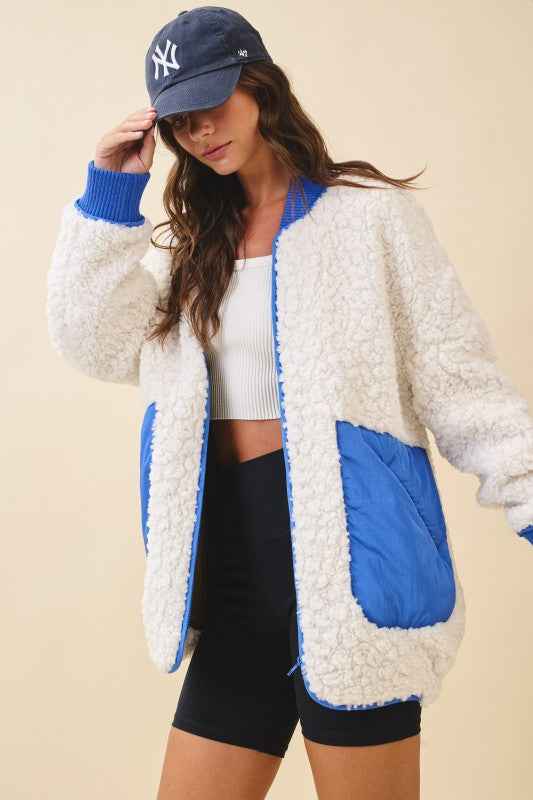 Textured Contrast Pocket Fleece Jacket