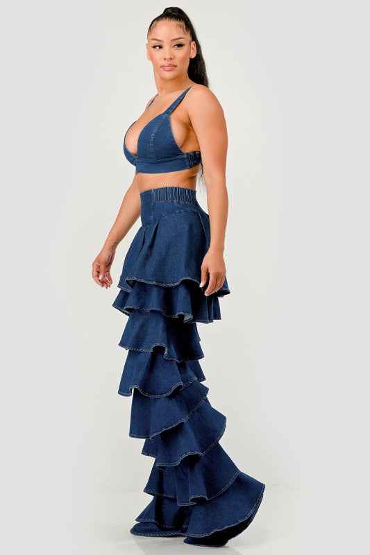 Denim Ruffle Two-Piece Set