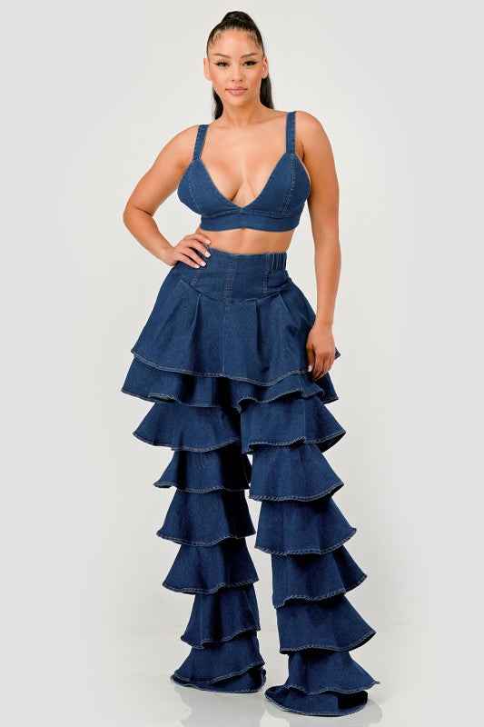 Denim Ruffle Two-Piece Set