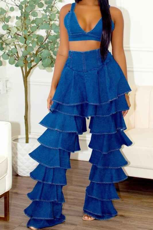 Denim Ruffle Two-Piece Set