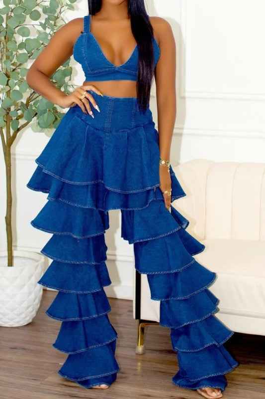 Denim Ruffle Two-Piece Set