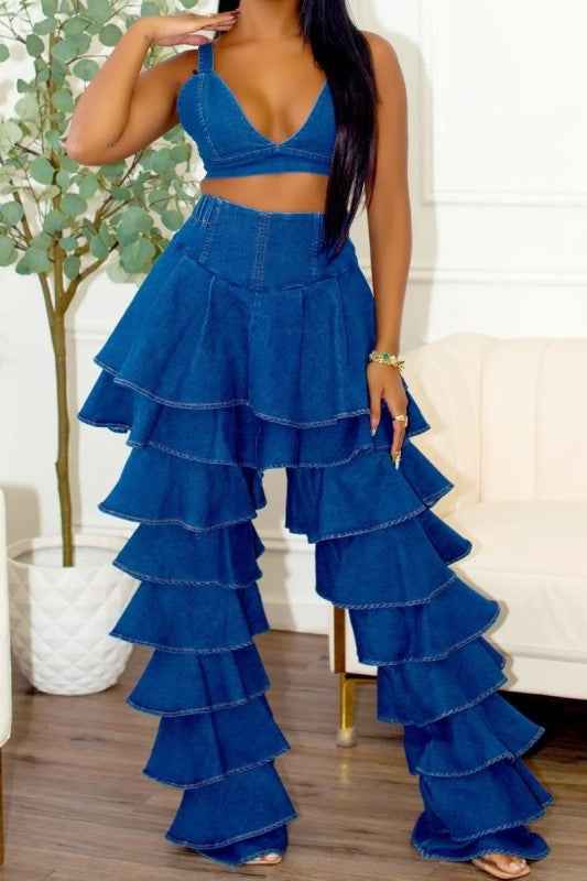 Denim Ruffle Two-Piece Set