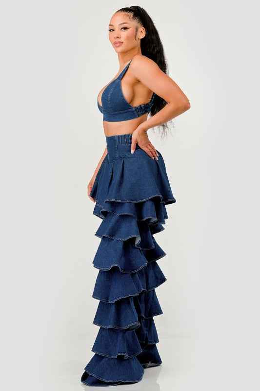 Denim Ruffle Two-Piece Set