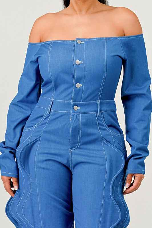 Off-Shoulder Wave Detail Jumpsuit