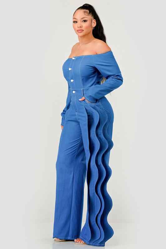 Off-Shoulder Wave Detail Jumpsuit