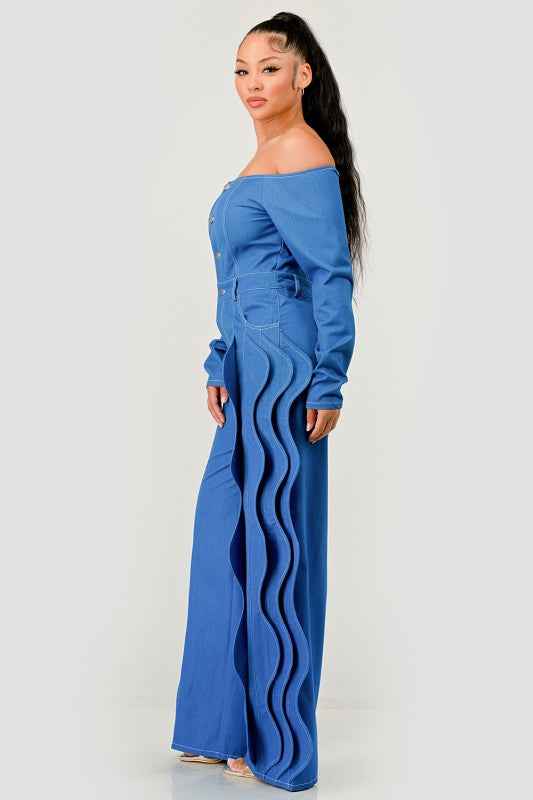 Off-Shoulder Wave Detail Jumpsuit