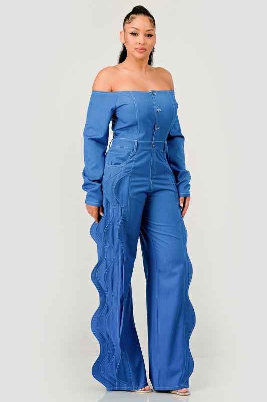 Off-Shoulder Wave Detail Jumpsuit