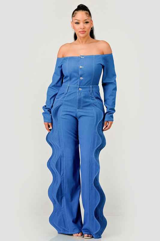 Off-Shoulder Wave Detail Jumpsuit