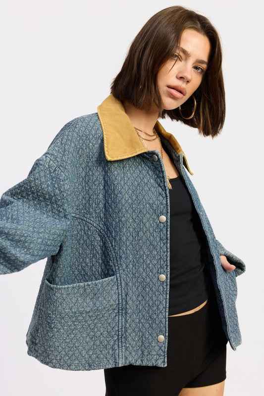 WOOL TWEED SNAP JACKET WITH CONTRASTED COLLAR