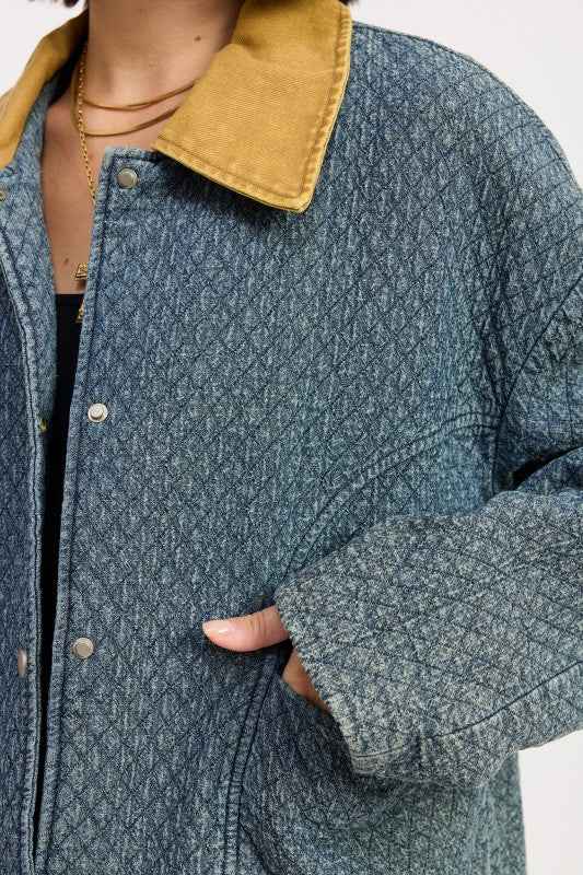 WOOL TWEED SNAP JACKET WITH CONTRASTED COLLAR