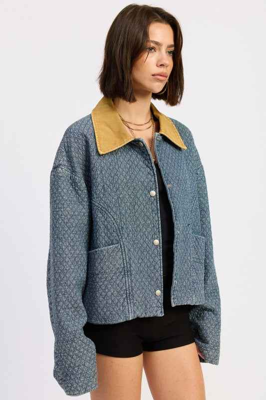 WOOL TWEED SNAP JACKET WITH CONTRASTED COLLAR