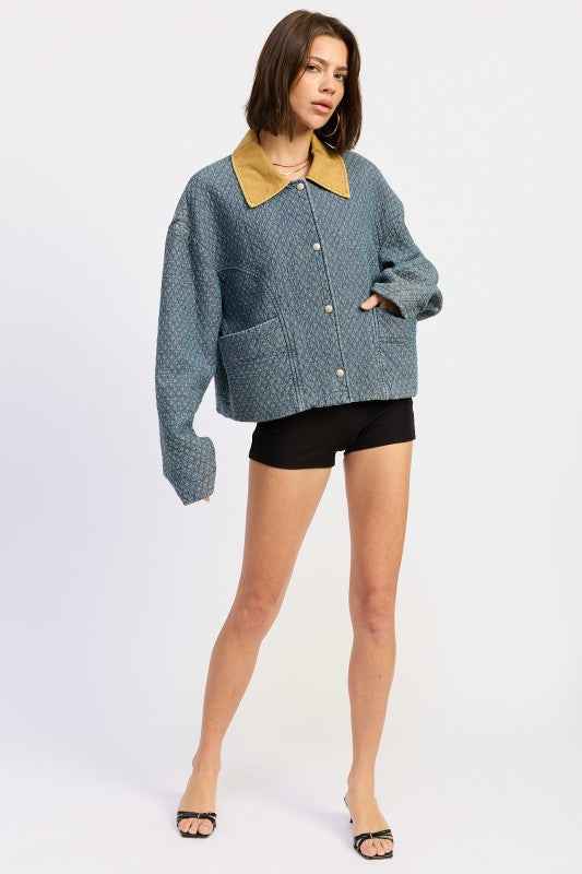 WOOL TWEED SNAP JACKET WITH CONTRASTED COLLAR