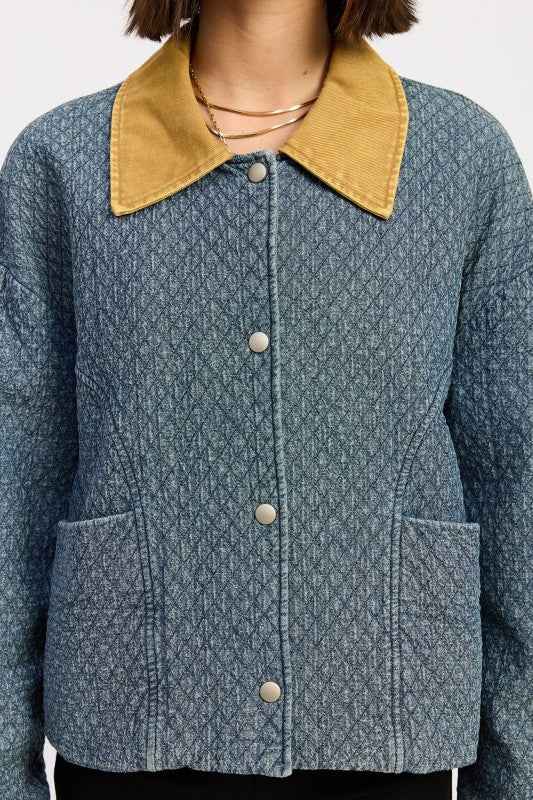 WOOL TWEED SNAP JACKET WITH CONTRASTED COLLAR