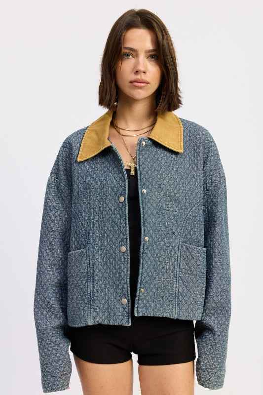 WOOL TWEED SNAP JACKET WITH CONTRASTED COLLAR