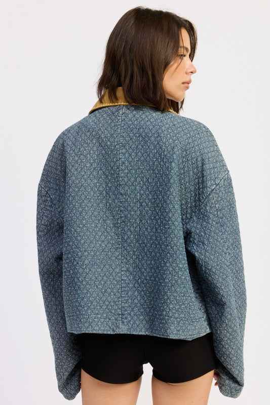 WOOL TWEED SNAP JACKET WITH CONTRASTED COLLAR