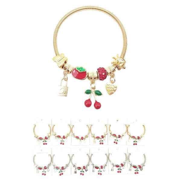 12pk Cherry Heart Charm Stretch Bangle Bracelet