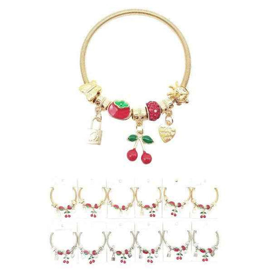 12pk Cherry Heart Charm Stretch Bangle Bracelet