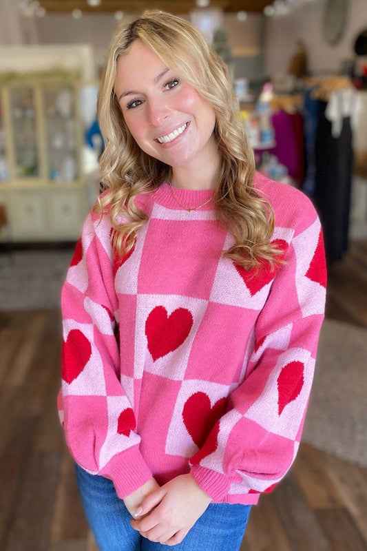 Love Heart Checkered Valentine Crew Neck Sweater