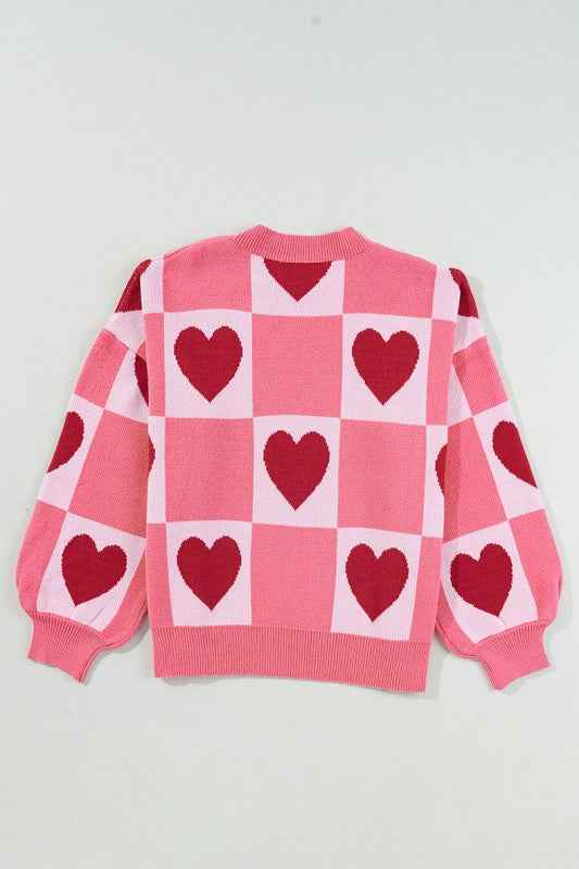 Love Heart Checkered Valentine Crew Neck Sweater