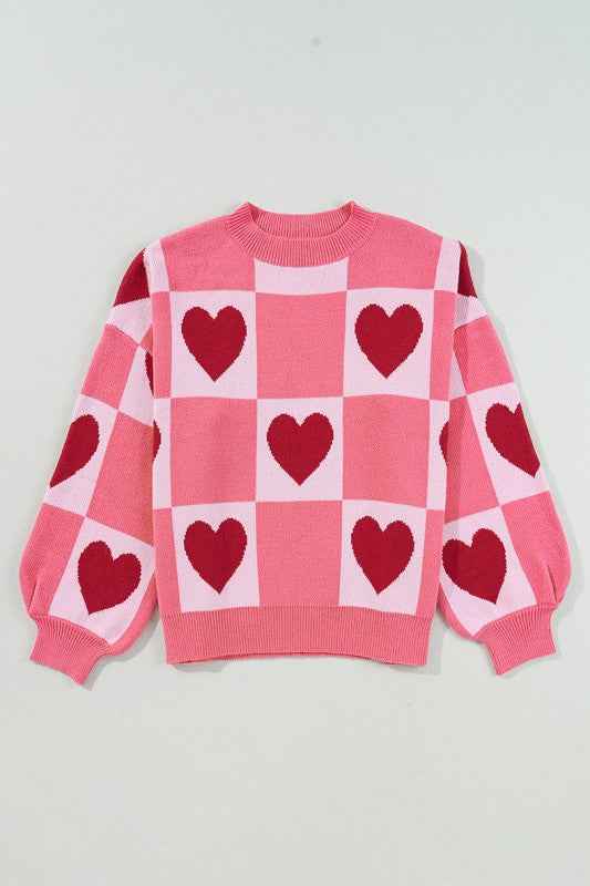 Love Heart Checkered Valentine Crew Neck Sweater