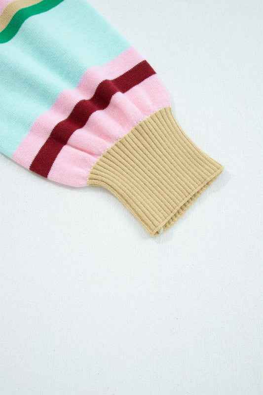 Stripe Ribbed Trim Crewneck Cropped Sweater