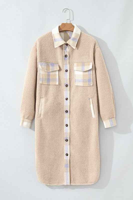 Plaid Patchwork Collared Sherpa Long Coat