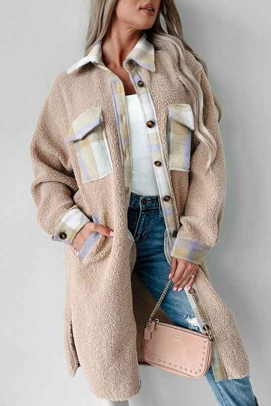 Plaid Patchwork Collared Sherpa Long Coat