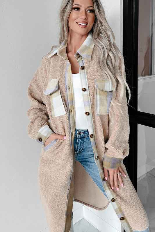 Plaid Patchwork Collared Sherpa Long Coat