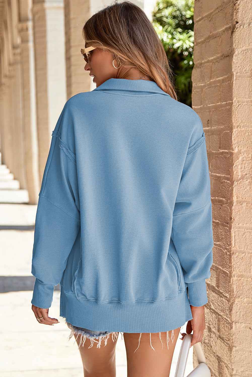 White Buttoned Collared Raw Detail High Low Baggy Sweatshirt with Slits