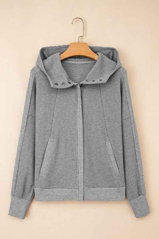 Waffle Zip Up Snap Button Hooded Jacket