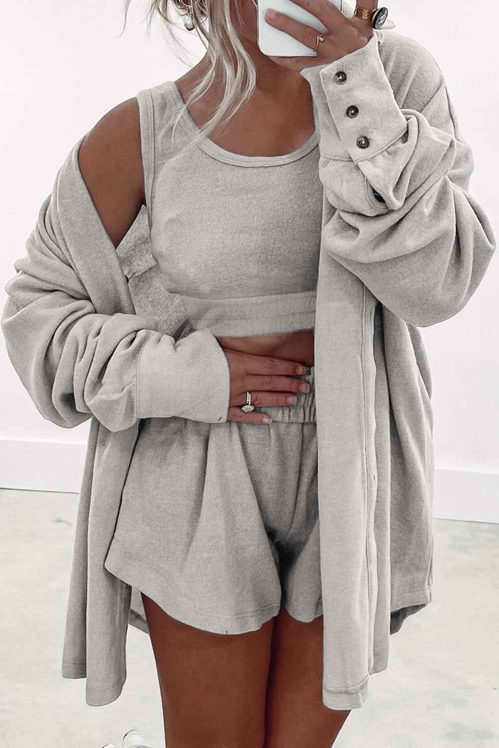Gray 3 Pcs Crop Tank Top Shorts with Cardigan Lounge Set