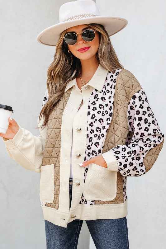 Leopard Waffle Quilted Patchwork Buttoned Jacket