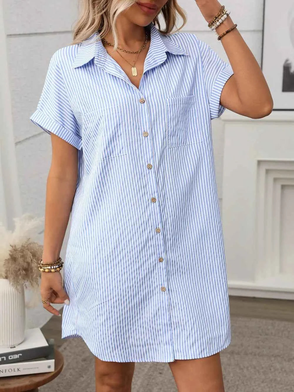 Striped Button Down Short Sleeve Mini Dress