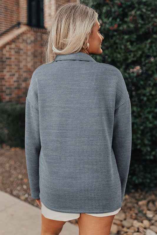 Ribbed Knit Flap Pocket Button-Up Shacket