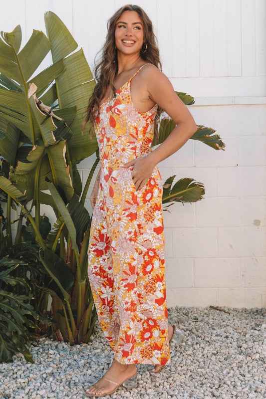 Floral V-Neck Wide Leg Sleeveless Jumpsuit