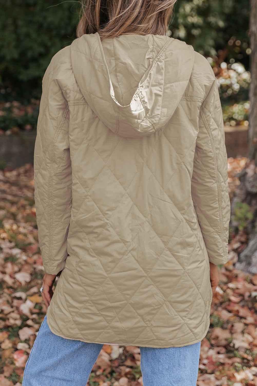 Beige Quilted Snap Button Hooded Coat