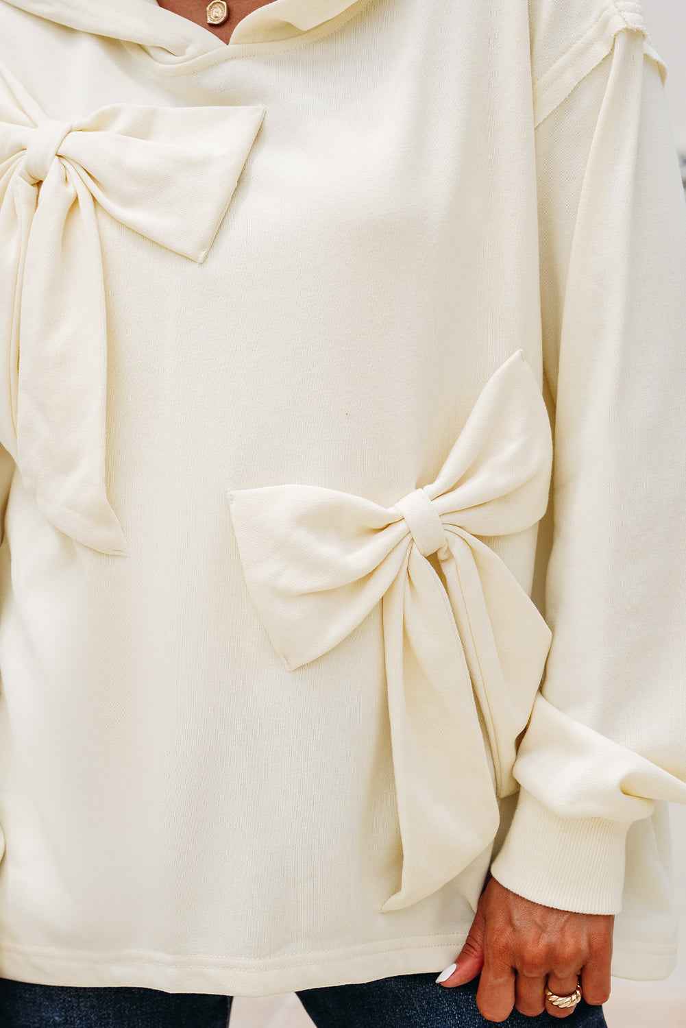 White Solid Color Cute Bow Detail Loose Hoodie