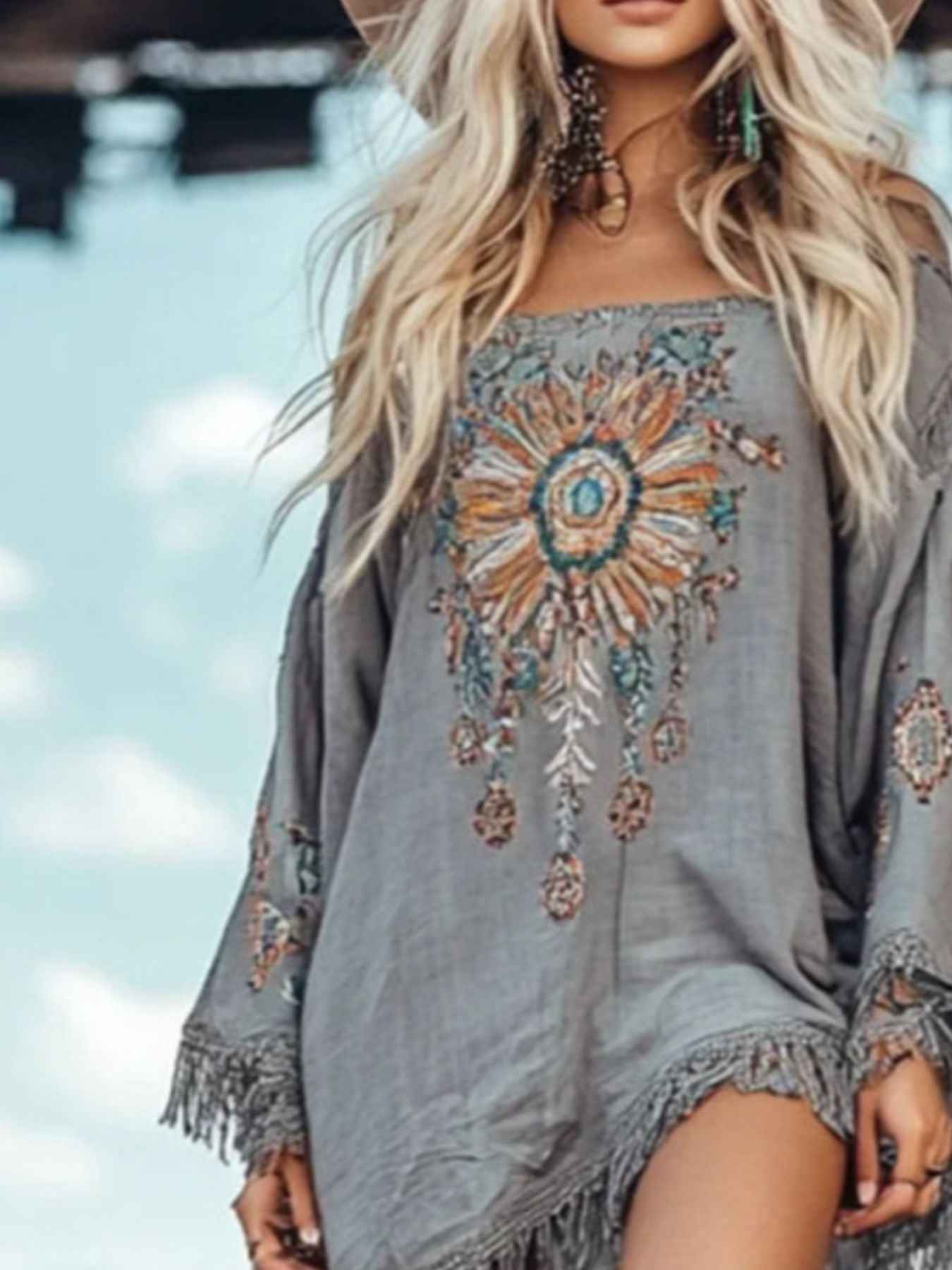 Fringe Hem Long Sleeve Mini Dress