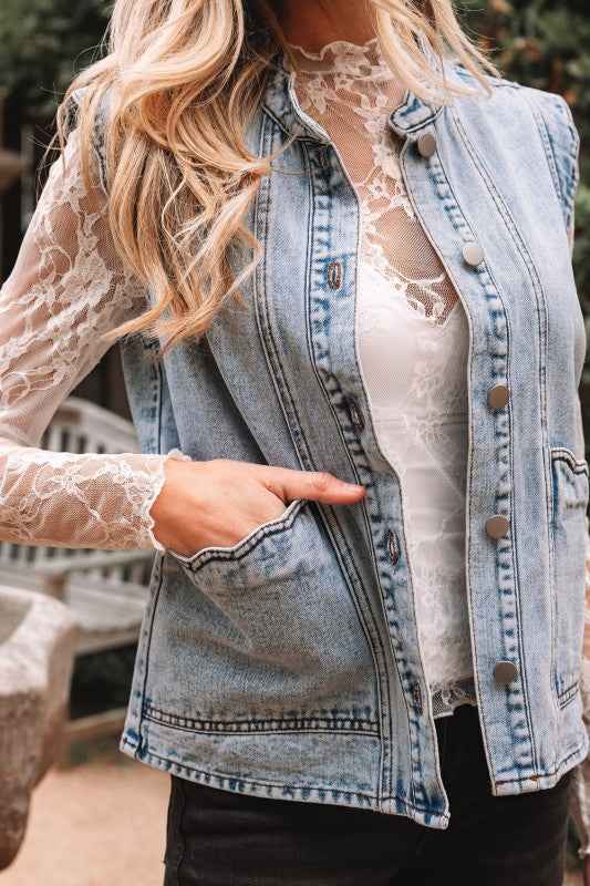 Denim Button-Front Scallop Trim Patch Pocket Vest