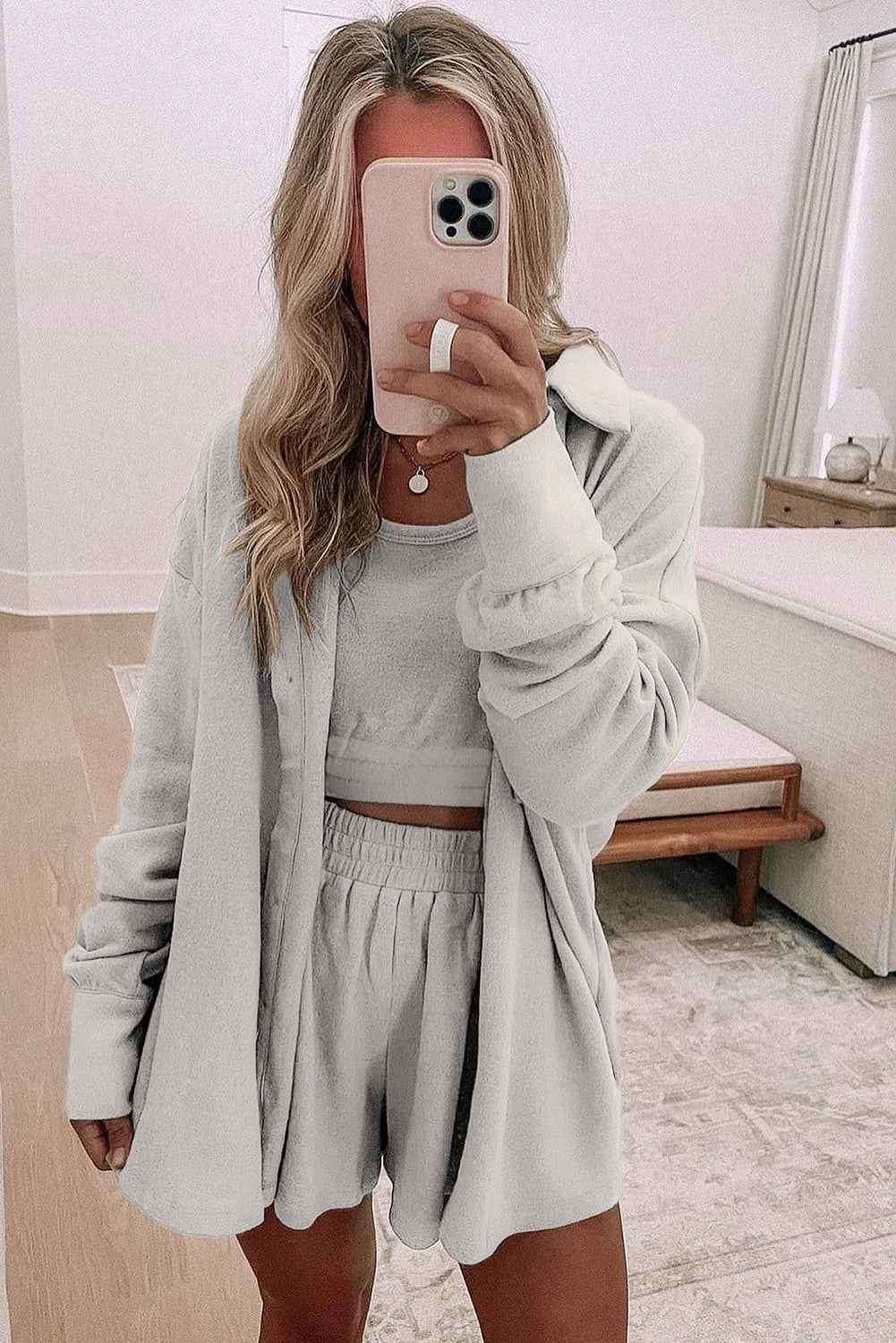 Gray 3 Pcs Crop Tank Top Shorts with Cardigan Lounge Set