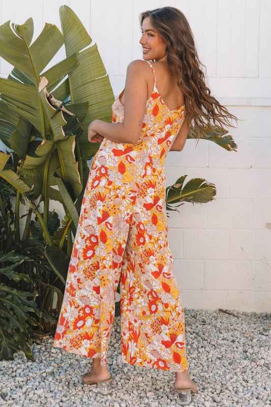 Floral V-Neck Wide Leg Sleeveless Jumpsuit