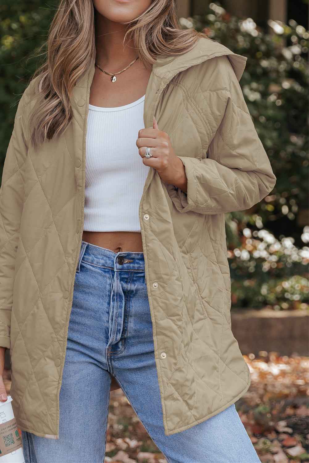 Beige Quilted Snap Button Hooded Coat