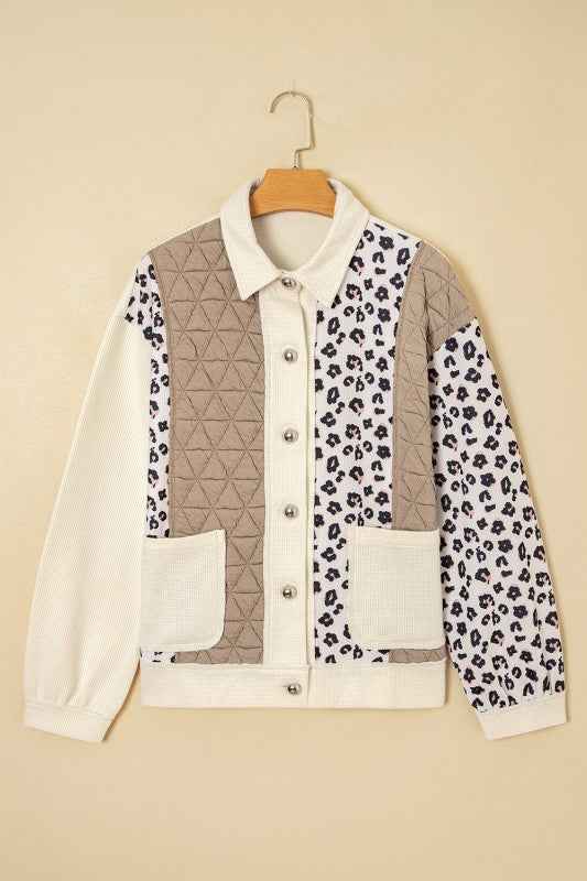 Leopard Waffle Quilted Patchwork Buttoned Jacket
