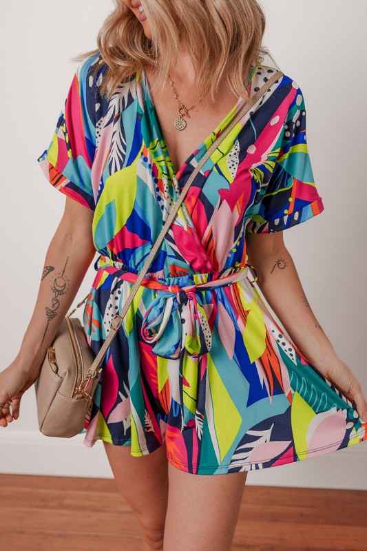 Abstract Tropical Wrap V-Neck Tie-Waist Romper