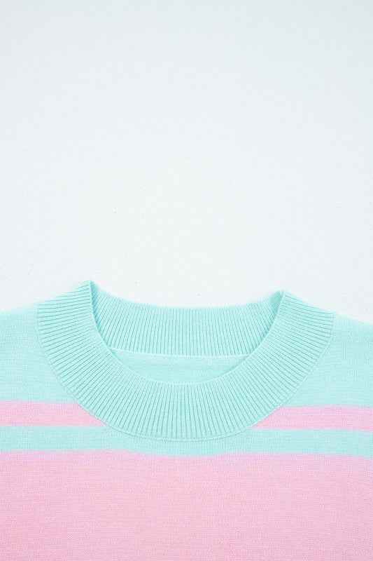 Stripe Ribbed Trim Crewneck Cropped Sweater