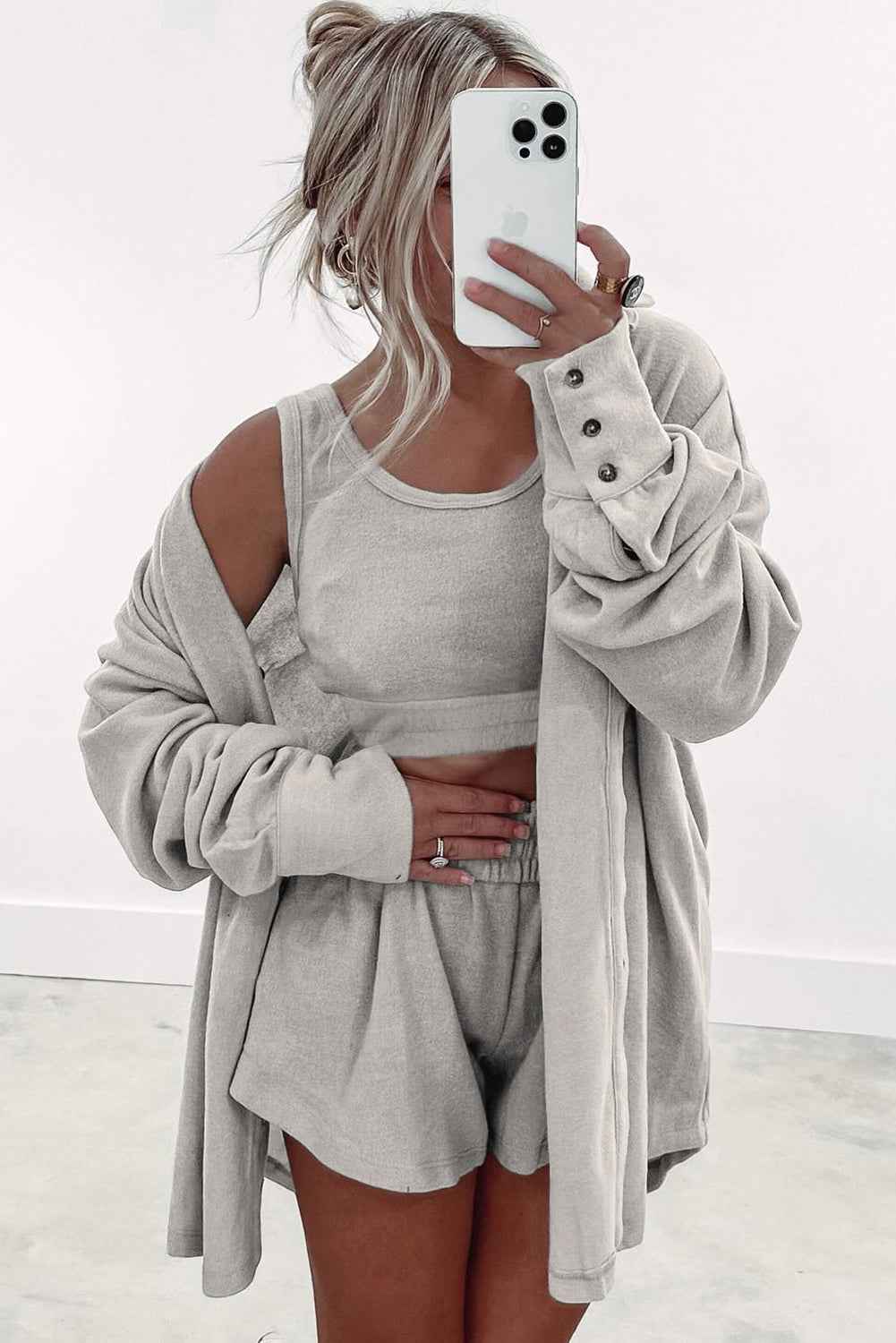 Gray 3 Pcs Crop Tank Top Shorts with Cardigan Lounge Set