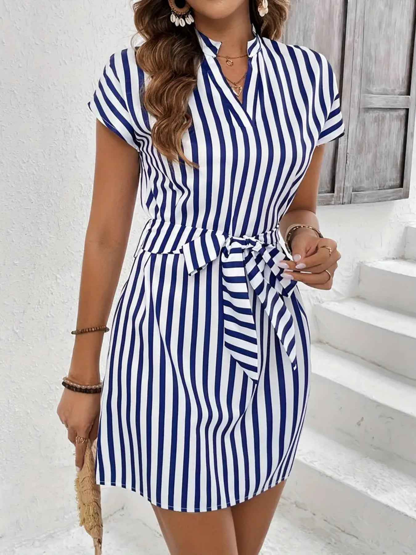 Striped Tie Waist Mini Dress