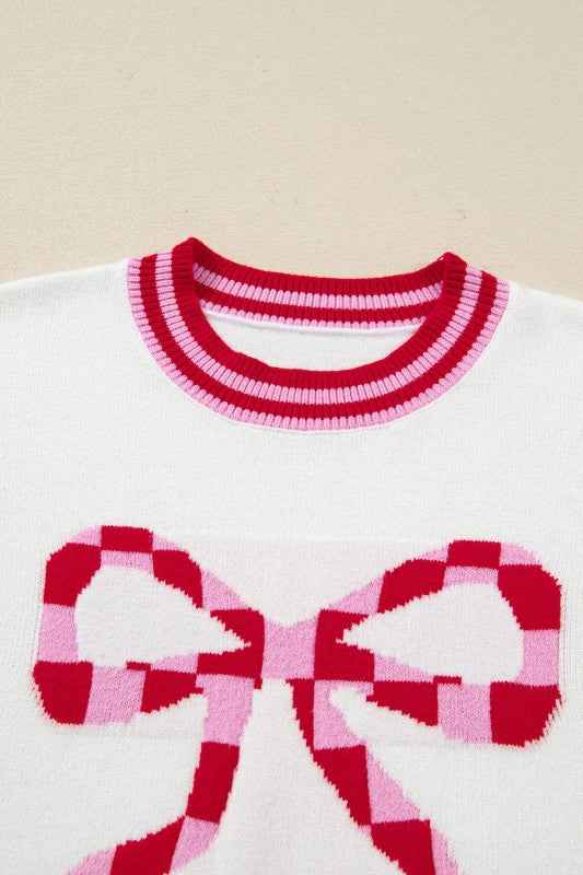 Christmas Stripe Trim Bow Crewneck Sweater