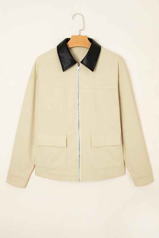 Textured Zip-Up Collared Faux Leather Jacket