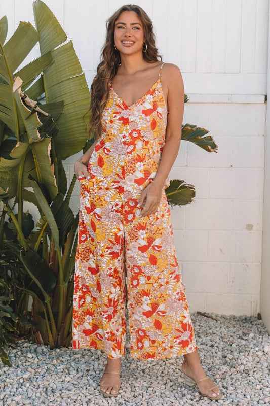 Floral V-Neck Wide Leg Sleeveless Jumpsuit